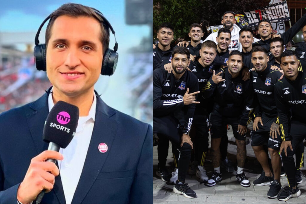 Primer plano de Daniel Arrieta con el micrófono de TNT Sports en su mano. Jugadores de Colo-Colo posando para una foto.