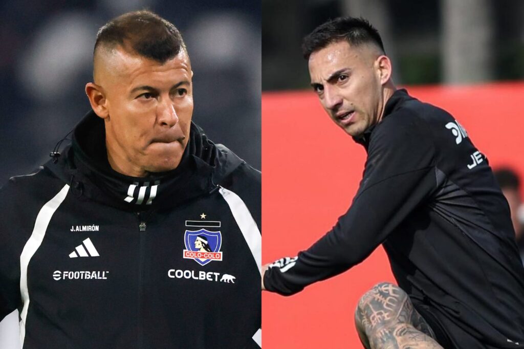 Jorge Almirón con cara de preocupación y Javier Correa entrenando con Colo-Colo.