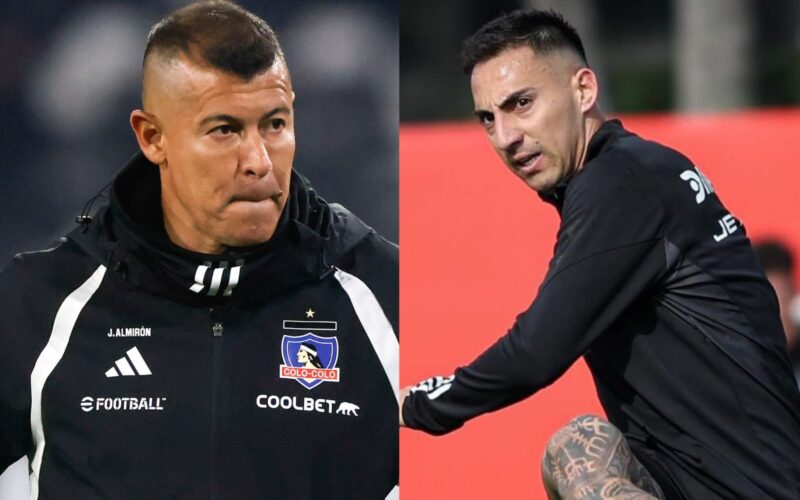 Jorge Almirón con cara de preocupación y Javier Correa entrenando con Colo-Colo.