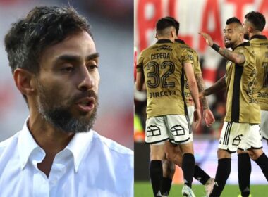 Primer plano de Jorge Valdivia. Jugadores de Colo-Colo conversando en la cancha.