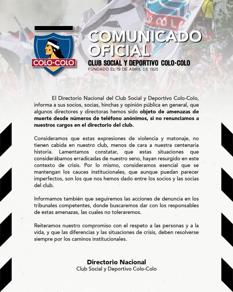 Comunicado directores del CSD Colo-Colo denunciando amenazas de muerte.