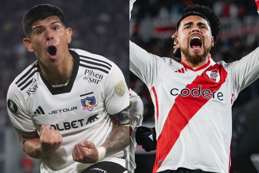 Esteban Pavez y Paulo Díaz celebrando un gol con la camiseta de Colo-Colo y River Plate, respectivamente.