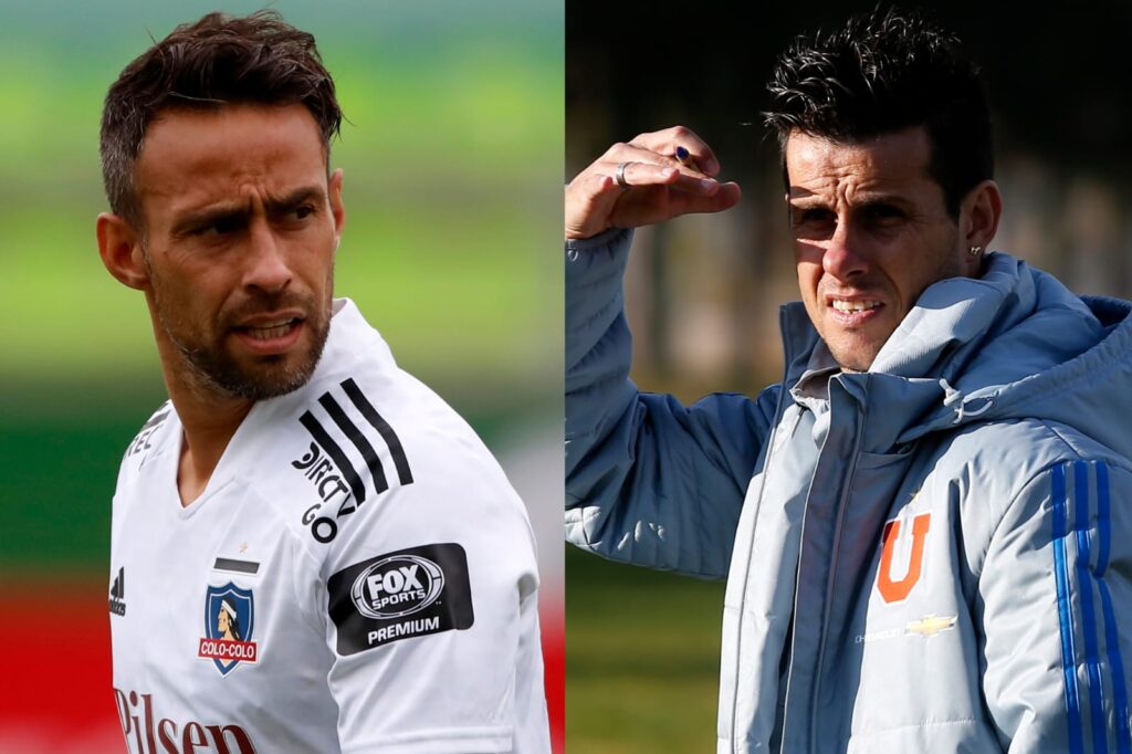 Jorge Valdivia y Diego Rivarola con indumentaria de Colo-Colo y Universidad de Chile.