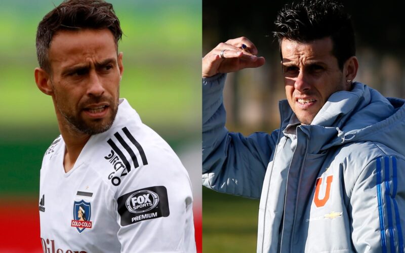Jorge Valdivia y Diego Rivarola con indumentaria de Colo-Colo y Universidad de Chile.