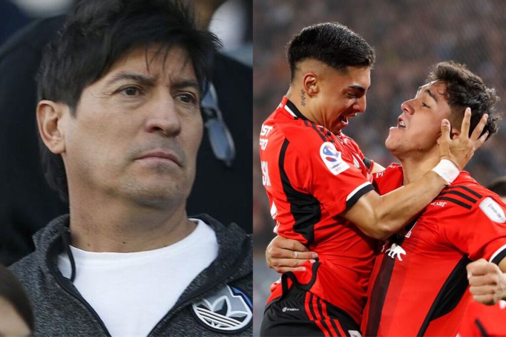 Primer plano de Iván Zamorano. Jordhy Thompson y Damián Pizarro abrazados celebrando un gol por Colo-Colo.