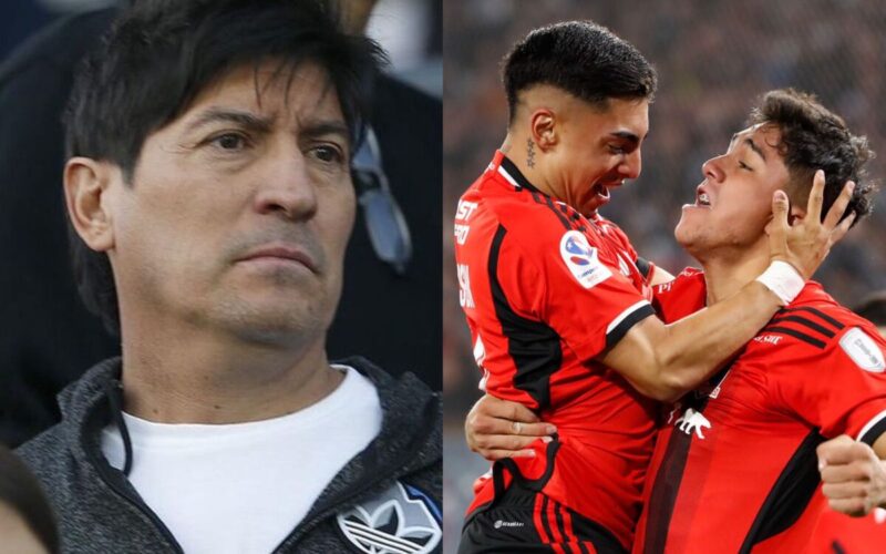 Primer plano de Iván Zamorano. Jordhy Thompson y Damián Pizarro abrazados celebrando un gol por Colo-Colo.