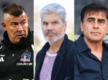 Primer plano de Jorge Almirón, Juan Cristóbal Guarello y Gustavo Quinteros.