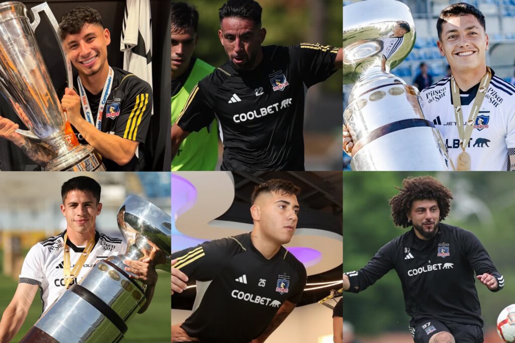 Alexander Oroz, Mauricio Isla, Cristián Zavala, Matías Moya, Julio Fierro y Maximiliano Falcón con la camiseta de Colo-Colo.