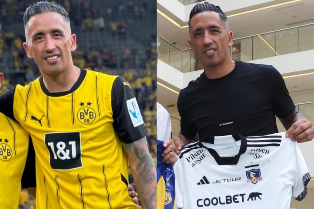 Lucas Barrios con las camisetas de Borussia Dortmund y Colo-Colo.