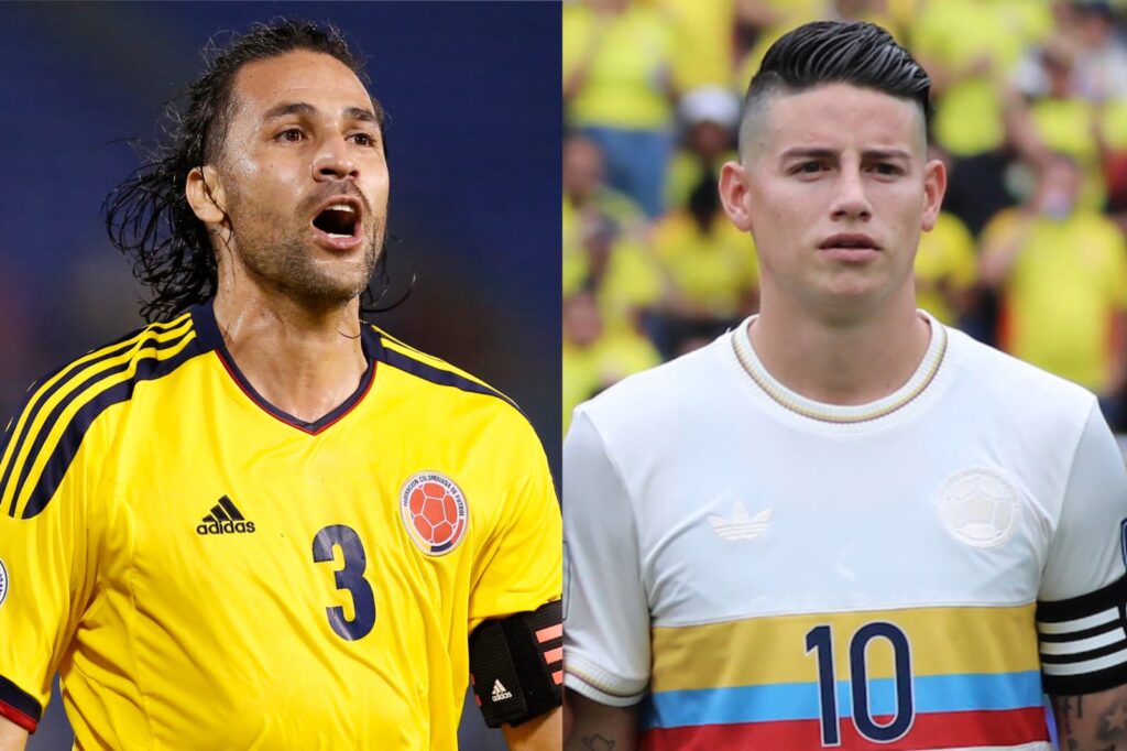 Mario Yepes y James Rodríguez con la camiseta de la Selección Colombiana.