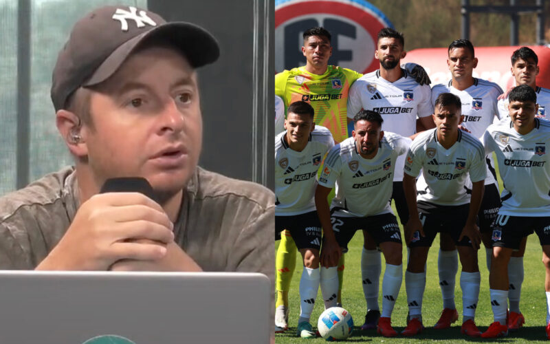 Primer plano de Coke Hevia junto a jugadores de Colo-Colo.