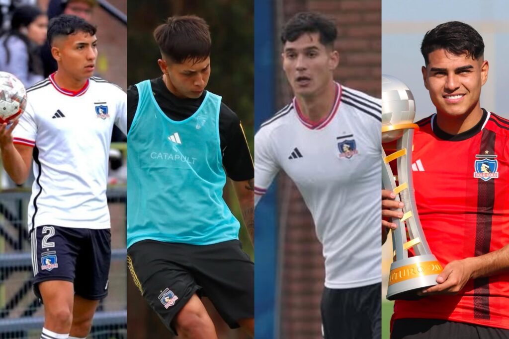 Bastián Arias, Santiago Bravo, Darko Fiamengo y Juan Pablo Reyes con camiseta de Colo-Colo.