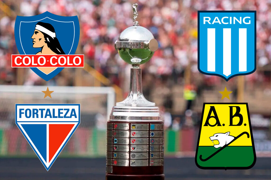 Imagen de la Copa Libertadores junto a los escudos de Colo-Colo, Racing Club, Fortaleza y Atlético Bucaramanga.