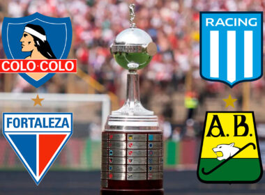 Imagen de la Copa Libertadores junto a los escudos de Colo-Colo, Racing Club, Fortaleza y Atlético Bucaramanga.