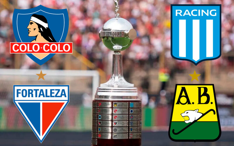 Imagen de la Copa Libertadores junto a los escudos de Colo-Colo, Racing Club, Fortaleza y Atlético Bucaramanga.