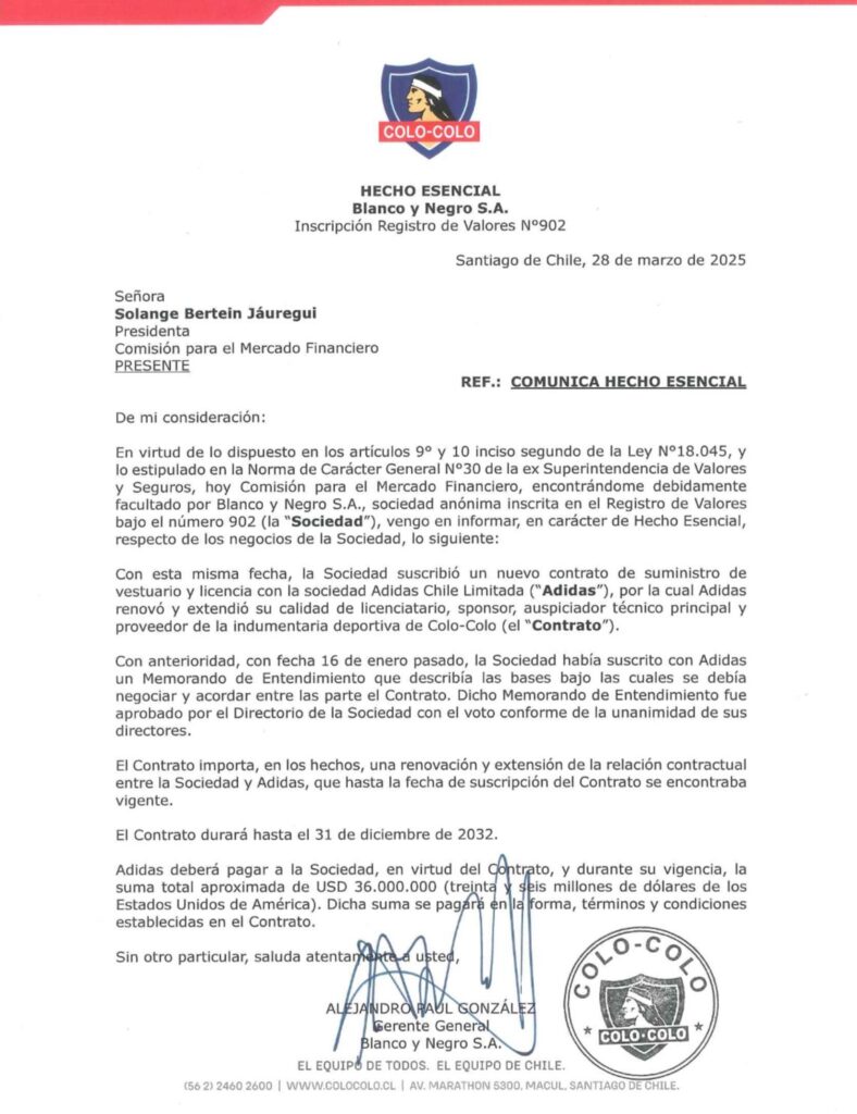 Acuerdo entre Adidas y Colo-Colo