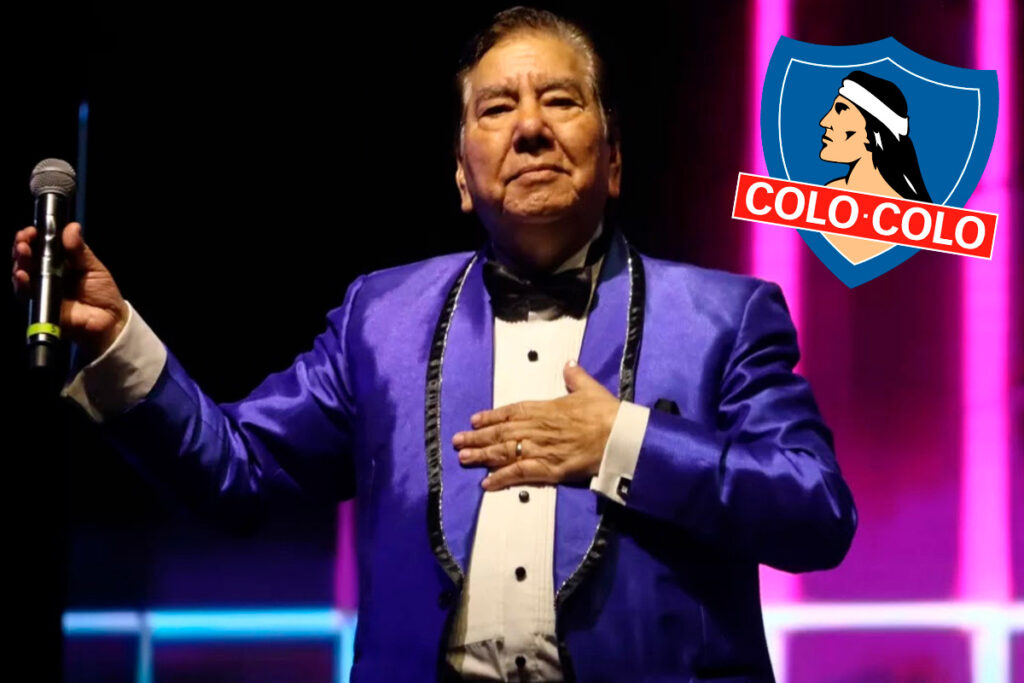 Primer plano de Tommy Rey en un show junto al escudo de Colo-Colo.