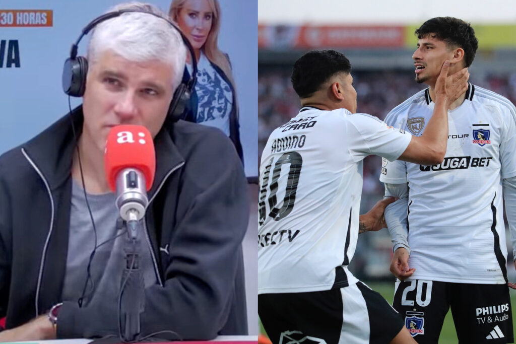 Primer plano de Manuel de Tezanos en Radio Agricultura. Jugadores de Colo-Colo celebrando un gol.
