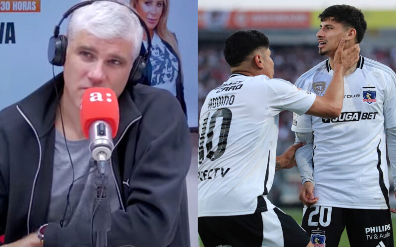 Primer plano de Manuel de Tezanos en Radio Agricultura. Jugadores de Colo-Colo celebrando un gol.