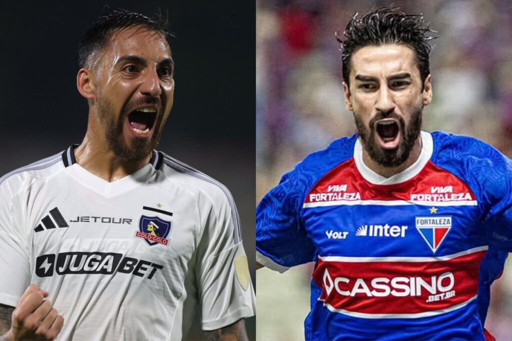 Primer plano de Javier Correa con la camiseta de Colo-Colo y Juan Martín Lucero con la camiseta de Fortaleza.