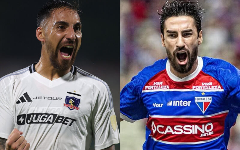 Primer plano de Javier Correa con la camiseta de Colo-Colo y Juan Martín Lucero con la camiseta de Fortaleza.