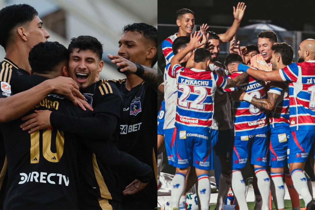 Jugadores de Colo-Colo y Fortaleza celebrando un gol.