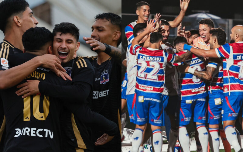 Jugadores de Colo-Colo y Fortaleza celebrando un gol.