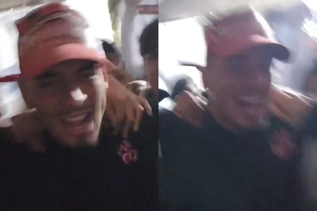 Captura de pantalla de video en la que Alan Saldivia canta junto a la Garra Blanca.