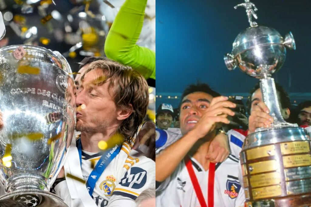 Colo-Colo y Real Madrid celebrando la obtención de un trofeo.