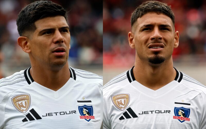 Primer plano a Esteban Pavez y Alan Saldivia con la camiseta de Colo-Colo.