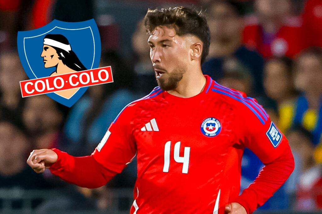Primer plano de Felipe Loyola junto al escudo de Colo-Colo.