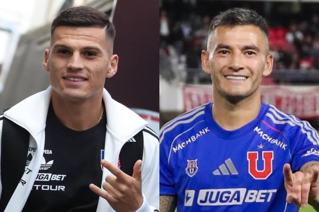 Lucas Cepeda y Charles Aránguiz con indumentaria de Colo-Colo y Universidad de Chile.
