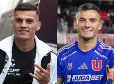 Lucas Cepeda y Charles Aránguiz con indumentaria de Colo-Colo y Universidad de Chile.