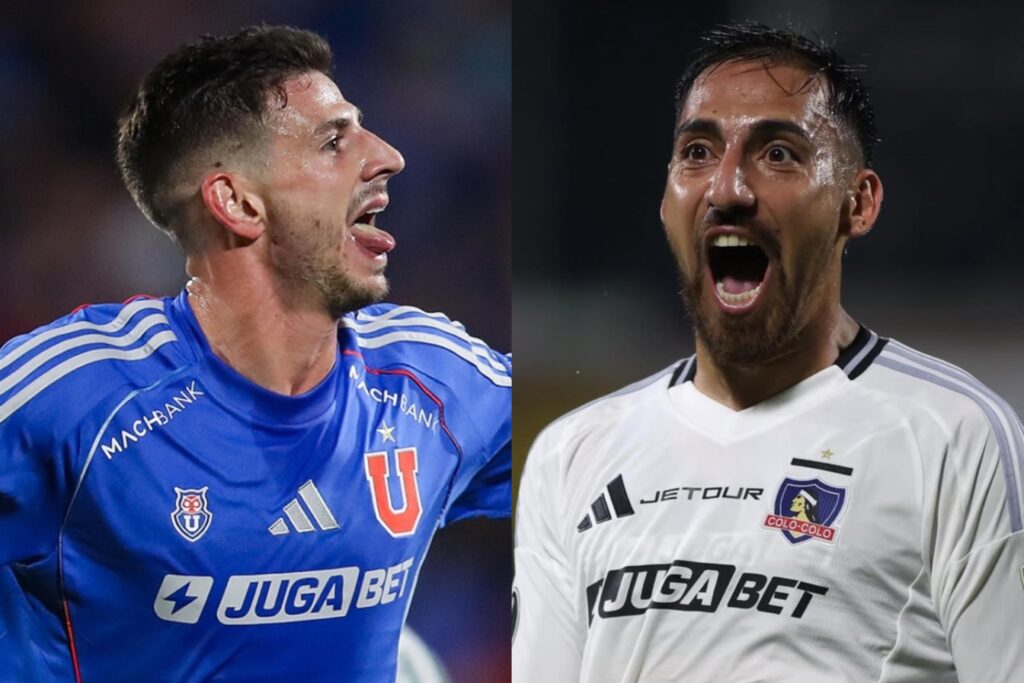 Lucas di Yorio y Javier Correa con la camiseta de Universidad de Chile y Colo-Colo.