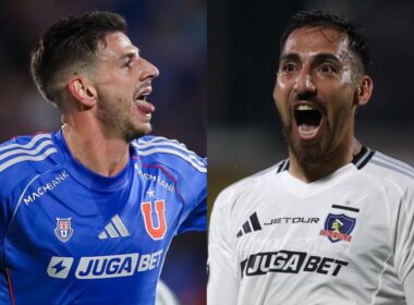 Lucas di Yorio y Javier Correa con la camiseta de Universidad de Chile y Colo-Colo.