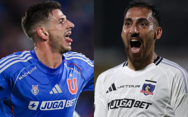 Lucas di Yorio y Javier Correa con la camiseta de Universidad de Chile y Colo-Colo.