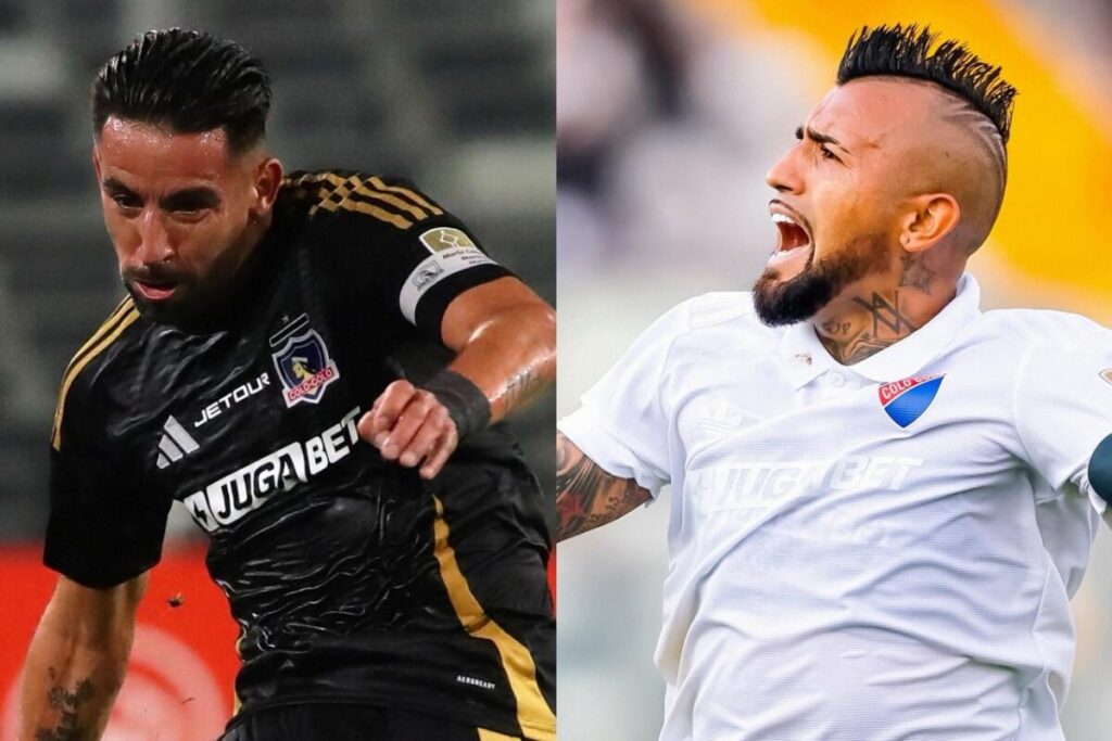 Mauricio Isla y Arturo Vidal con las camisetas negra y blanca de Colo-Colo.