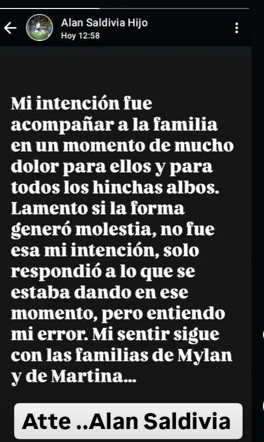 Mensaje de arrepentimiento de Alan Saldivia.