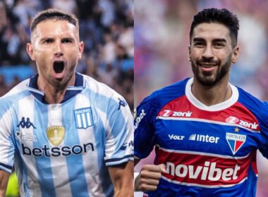 Adrián Martínez y Juan Martín Lucero con la camiseta de Racing Club y Fortaleza