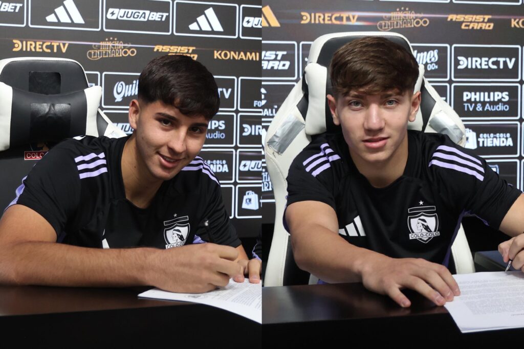 Vicente Martínez y Gabriel Maureira firmando su primer contrato con Colo-Colo.