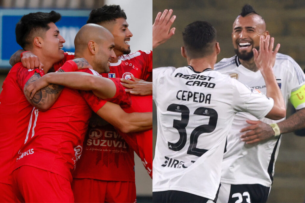 Jugadores de Unión La Calera y Colo-Colo celebrando un gol.