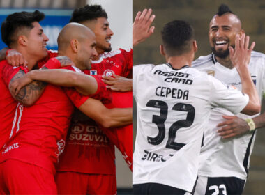 Jugadores de Unión La Calera y Colo-Colo celebrando un gol.