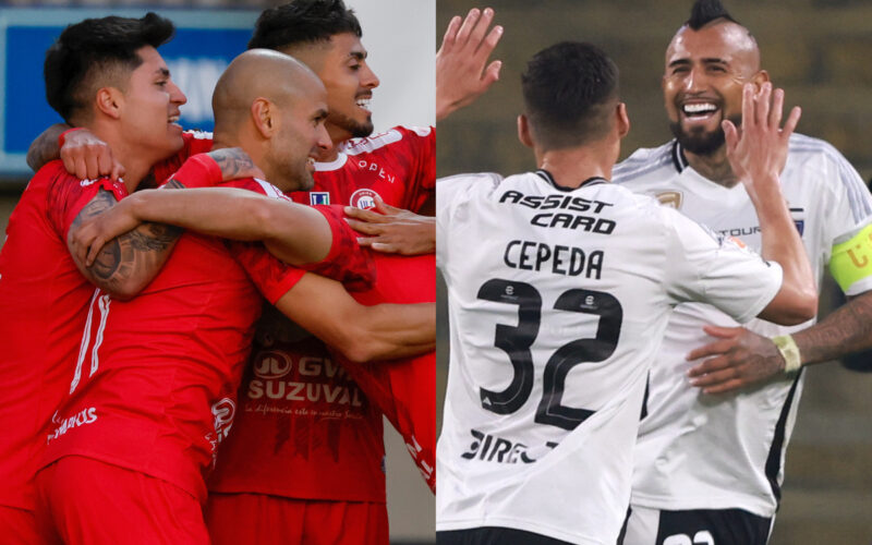 Jugadores de Unión La Calera y Colo-Colo celebrando un gol.
