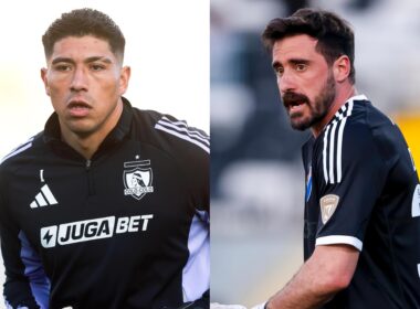 Brayan Cortés y Fernando de Paul con indumentaria de Colo-Colo.