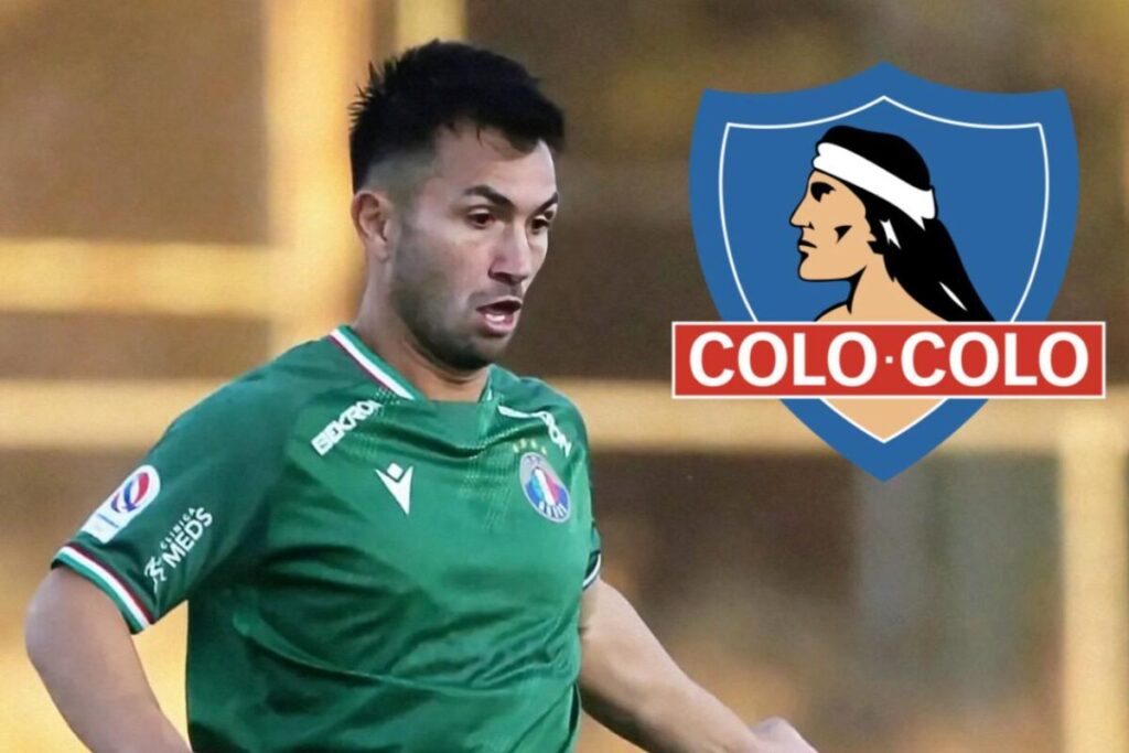 Carlos Villanueva con la camiseta de Audax Italiano y el escudo de Colo-Colo a un lado.