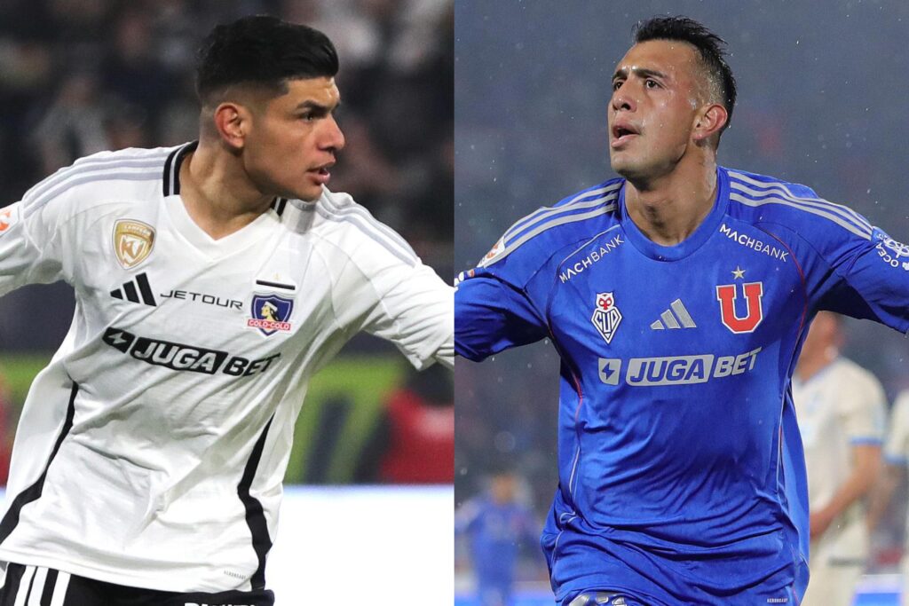 Claudio Aquino y Rodrigo Contreras con camisetas de Colo-Colo y Universidad de Chile. Superclásico, Supercopa.