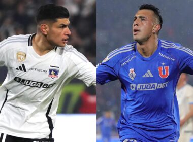Claudio Aquino y Rodrigo Contreras con camisetas de Colo-Colo y Universidad de Chile. Superclásico, Supercopa.