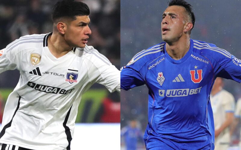 Claudio Aquino y Rodrigo Contreras con camisetas de Colo-Colo y Universidad de Chile. Superclásico, Supercopa.