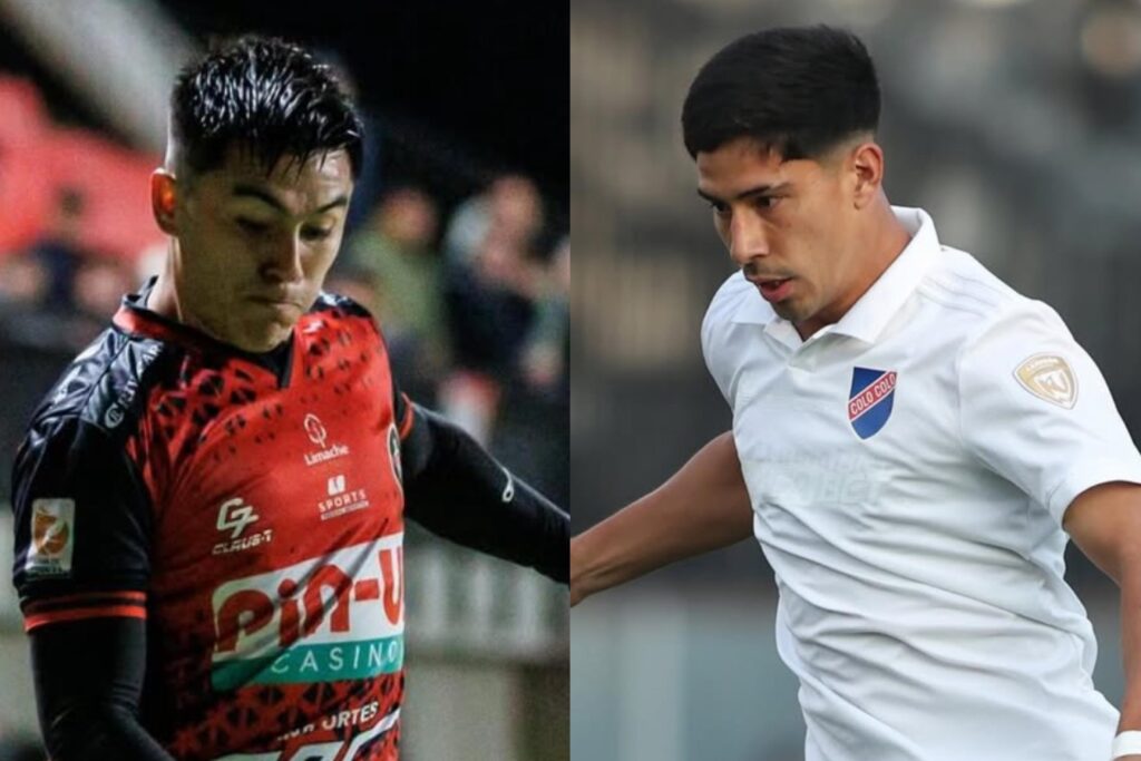 Bastián Silva y Salomón Rodríguez con las camisetas de Deportes Limache y Colo-Colo.
