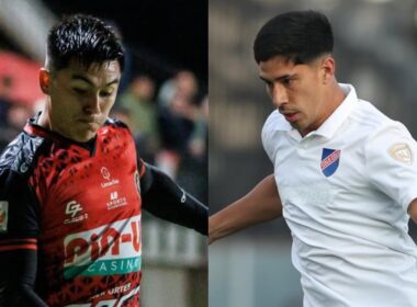 Bastián Silva y Salomón Rodríguez con las camisetas de Deportes Limache y Colo-Colo.
